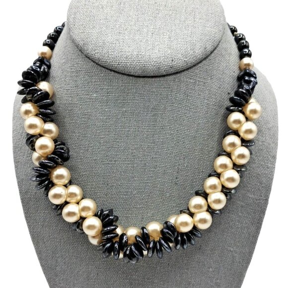 Glass Beaded Necklace Faux Pearl Hematite Colored Twisted Strands Vintage Costum - Picture 2 of 9